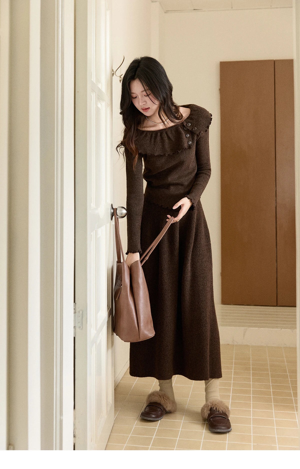 Mishow Coffee Ruffle Boat Neck Top & A-Line Skirt Set MXE93T1455