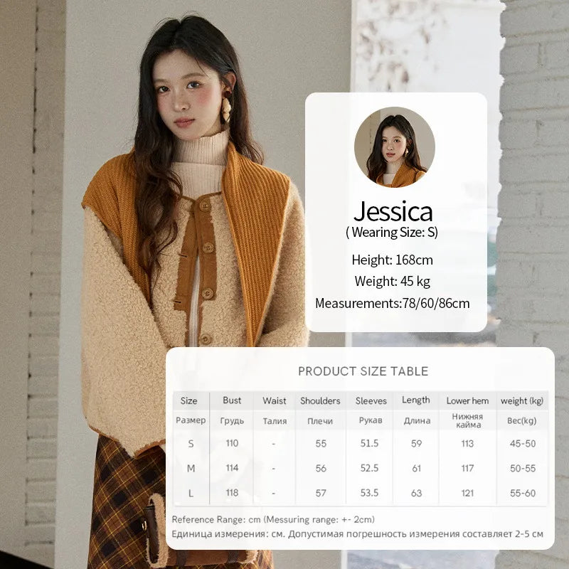 Mishow Lamb Wool Jacket with Color Block Knitted Shawl MXE91W0969