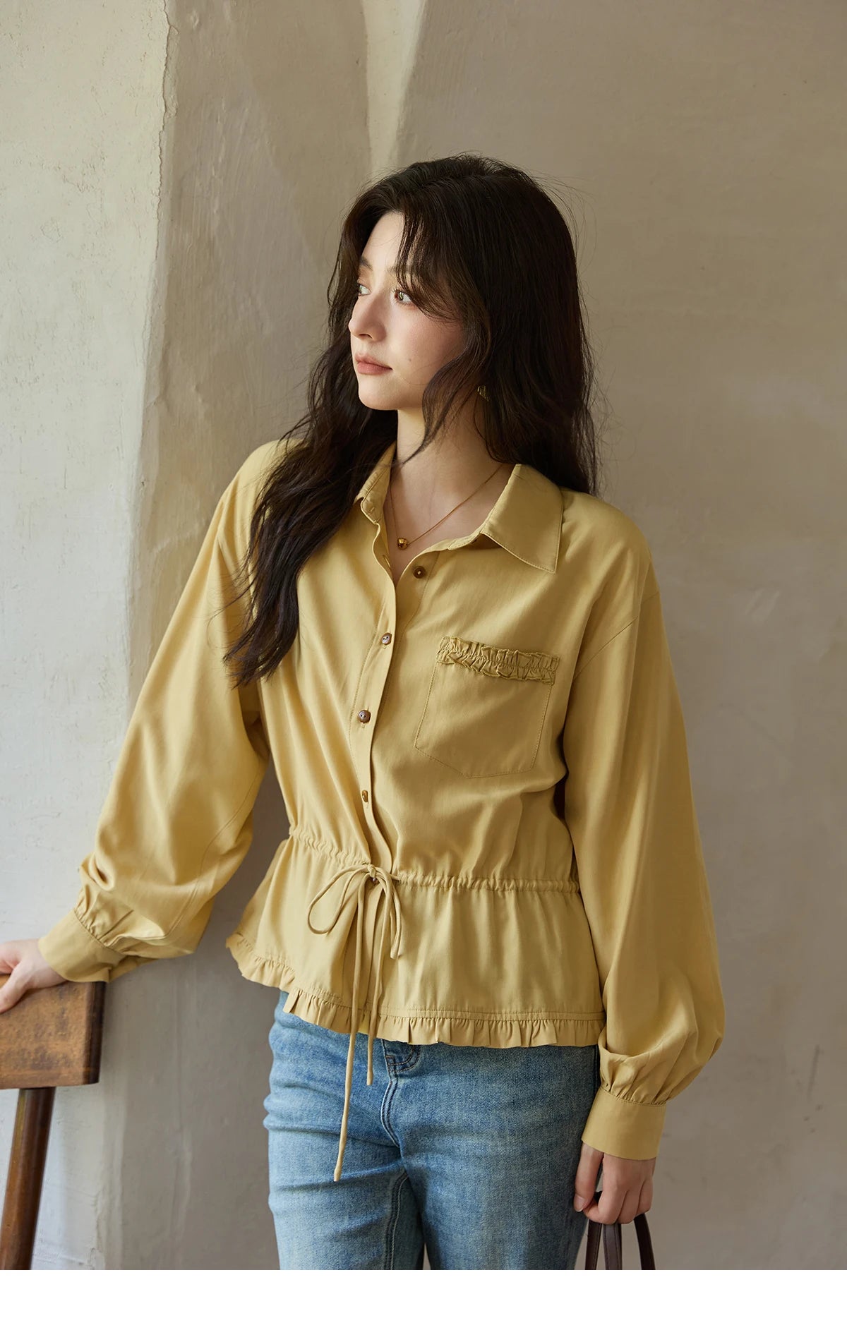MISHOW Yellow Drawstring Waist Shirt Lapel Lantern Sleeve MXE42C2368