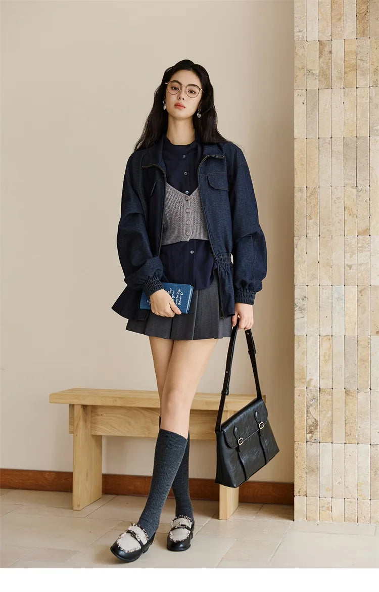 MISHOW Navy Ribbon Layered Shirt Knit Camisole Two-Piece Set MXE47T1412
