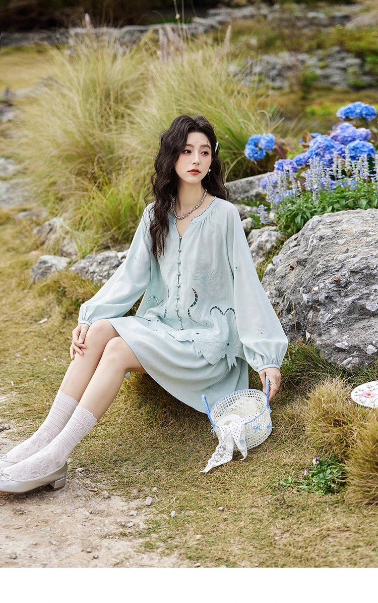 Mishow Vintage Hollow Embroidery Blouse & Solid A-Line Skirt Set MXE12T0455