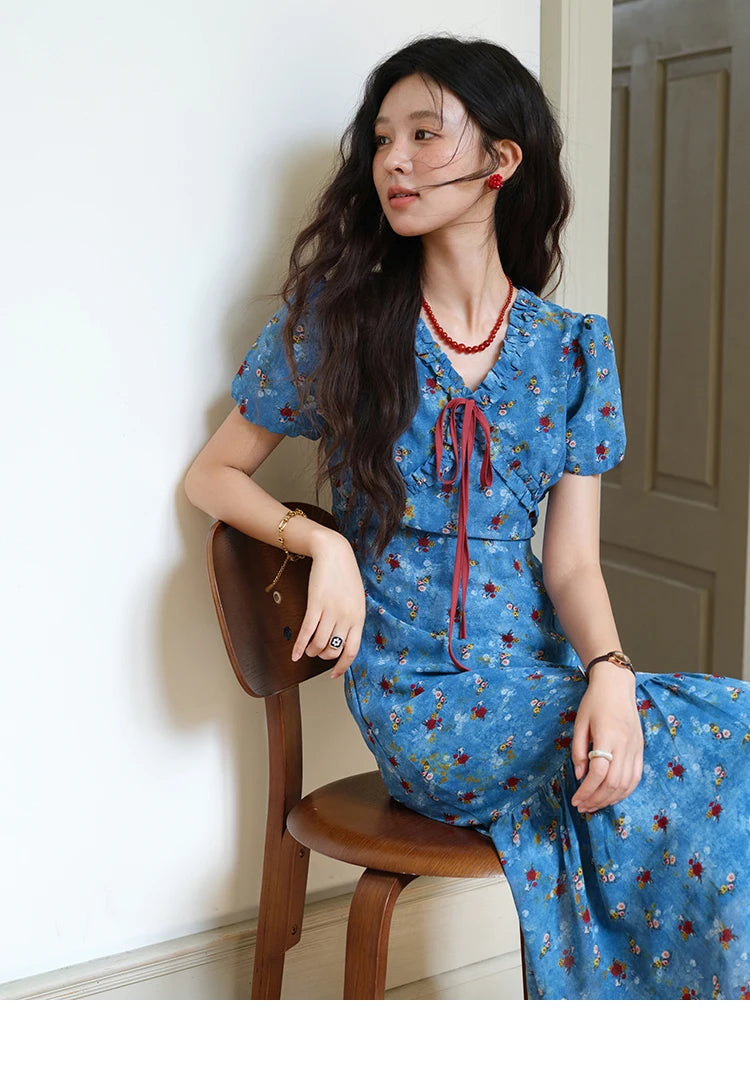 Mishow V-Neck Lace-Up Puff Sleeve Chiffon Dress MXE39L2401