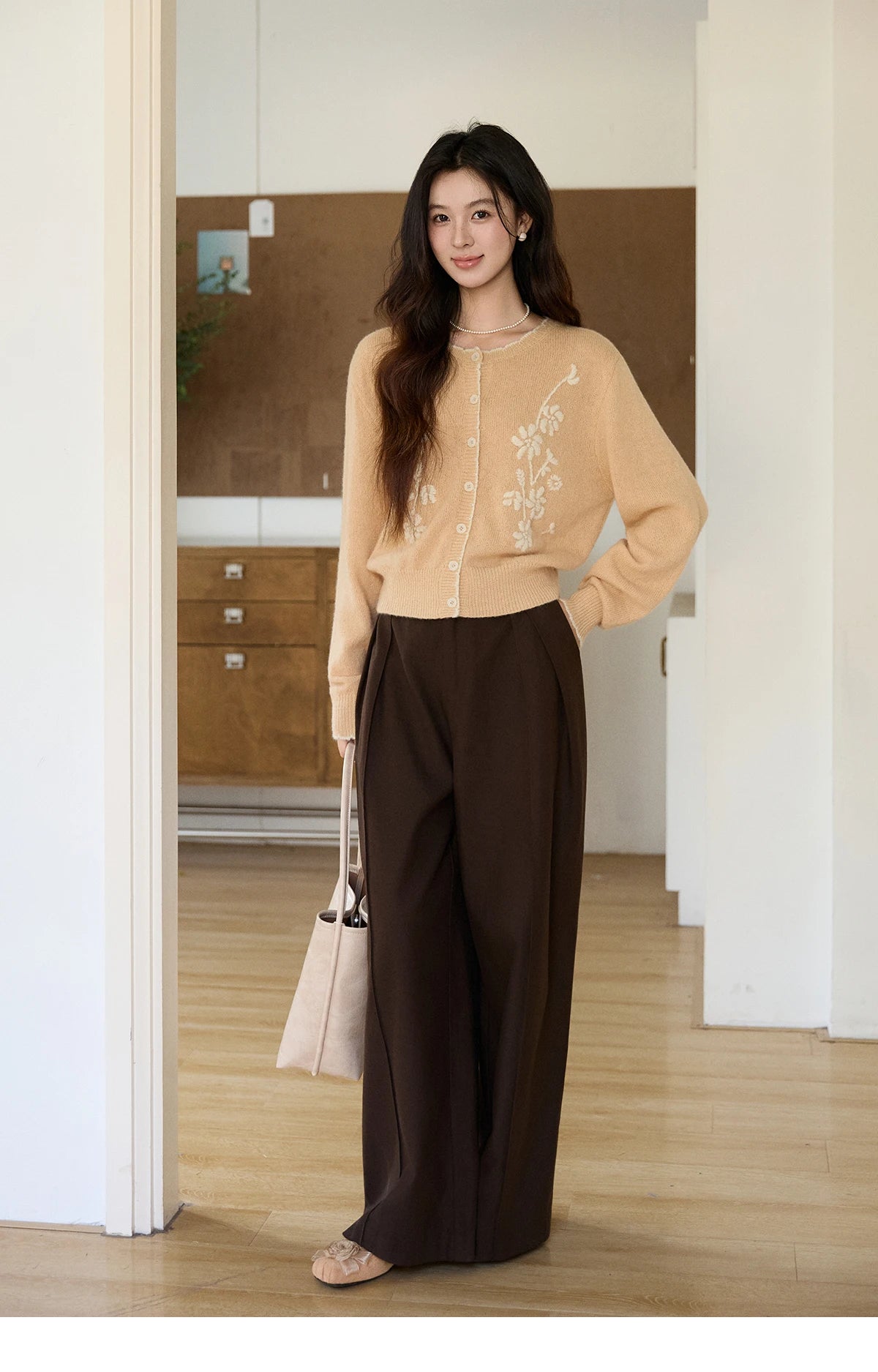 Mishow Camel Floral Embroidery Crew Neck Cardigan MXF11Z2896