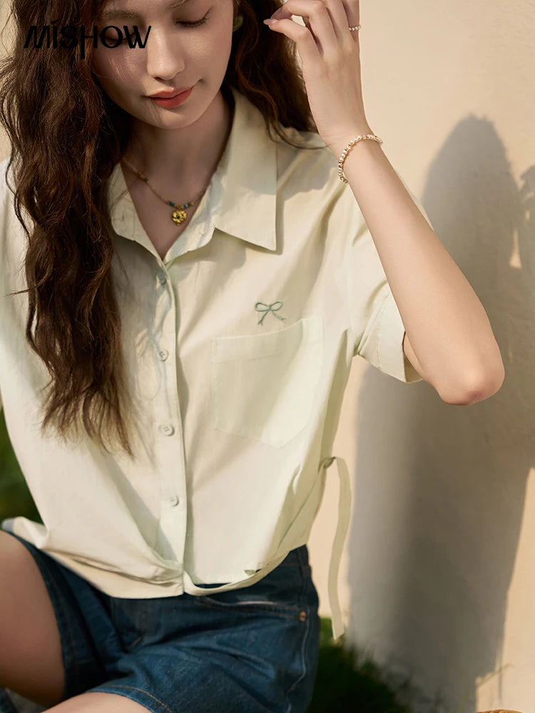 MISHOW Same Color Bow Embroidered Shirt Asymmetric Hem MXD23C0257