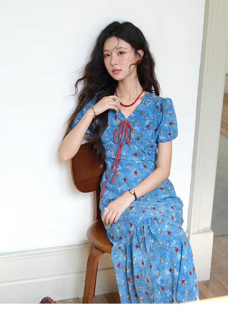 Mishow V-Neck Lace-Up Puff Sleeve Chiffon Dress MXE39L2401