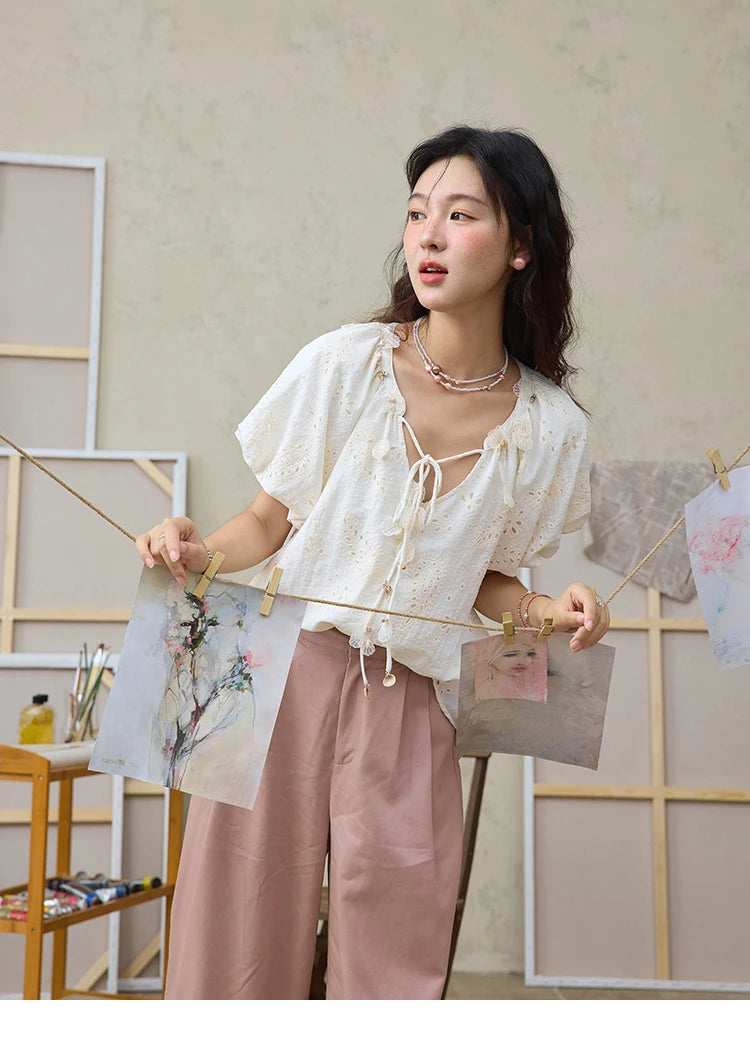 MISHOW Embroidery Jacquard Shirt V-Neck Lace Up Puff Sleeve MXE35X1790