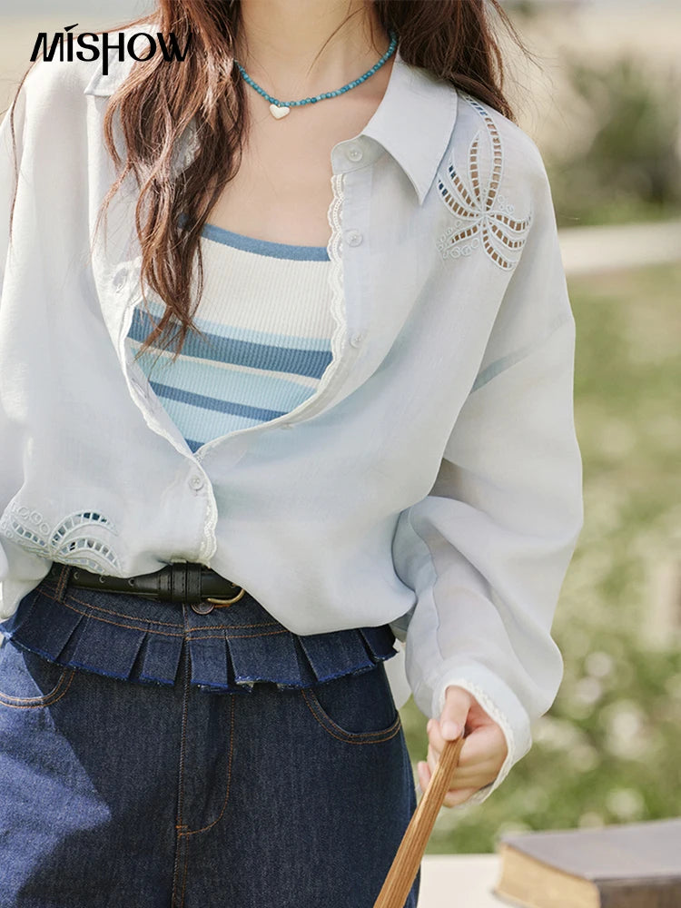 MISHOW Blue Hollow Embroidery Blouse Long Sleeve MXE31C0775