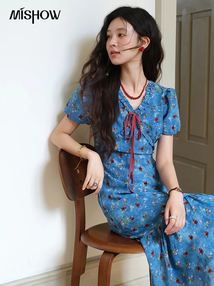 Mishow V-Neck Lace-Up Puff Sleeve Chiffon Dress MXE39L2401