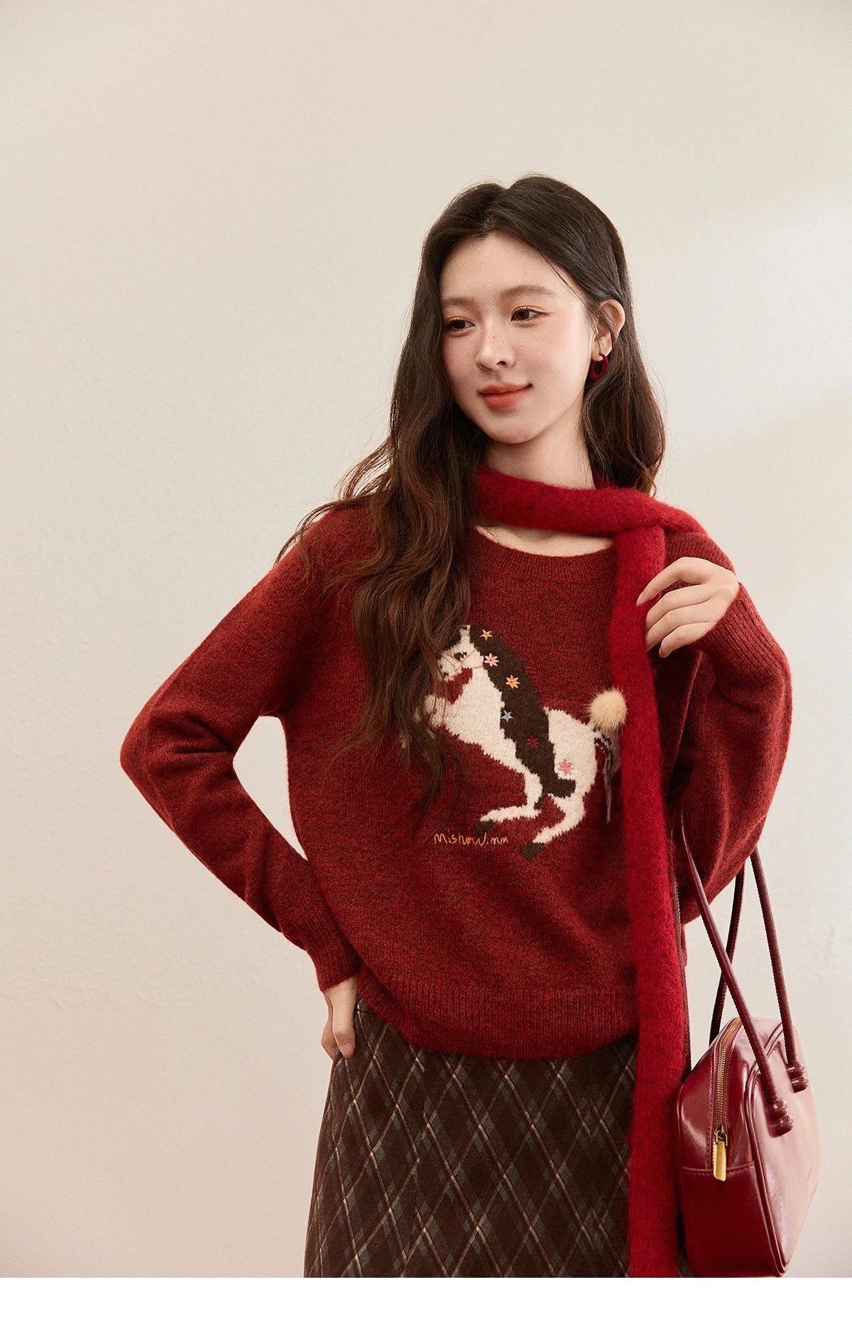 Mishow Christmas Red Jacquard Pony Sweater MXE94Z2861