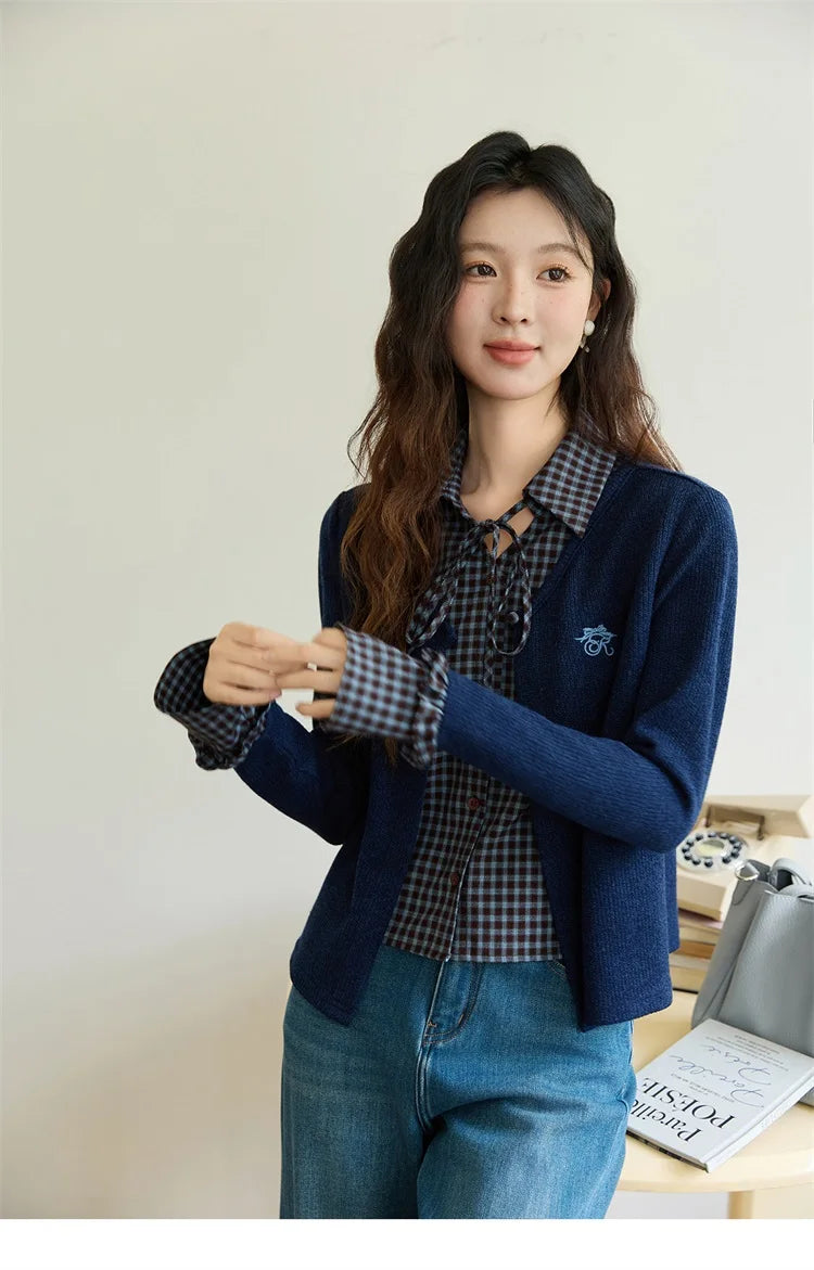 MISHOW Fake Two Knitted Sweater Plaid Splicing Flare Sleeve MXE45Z1401