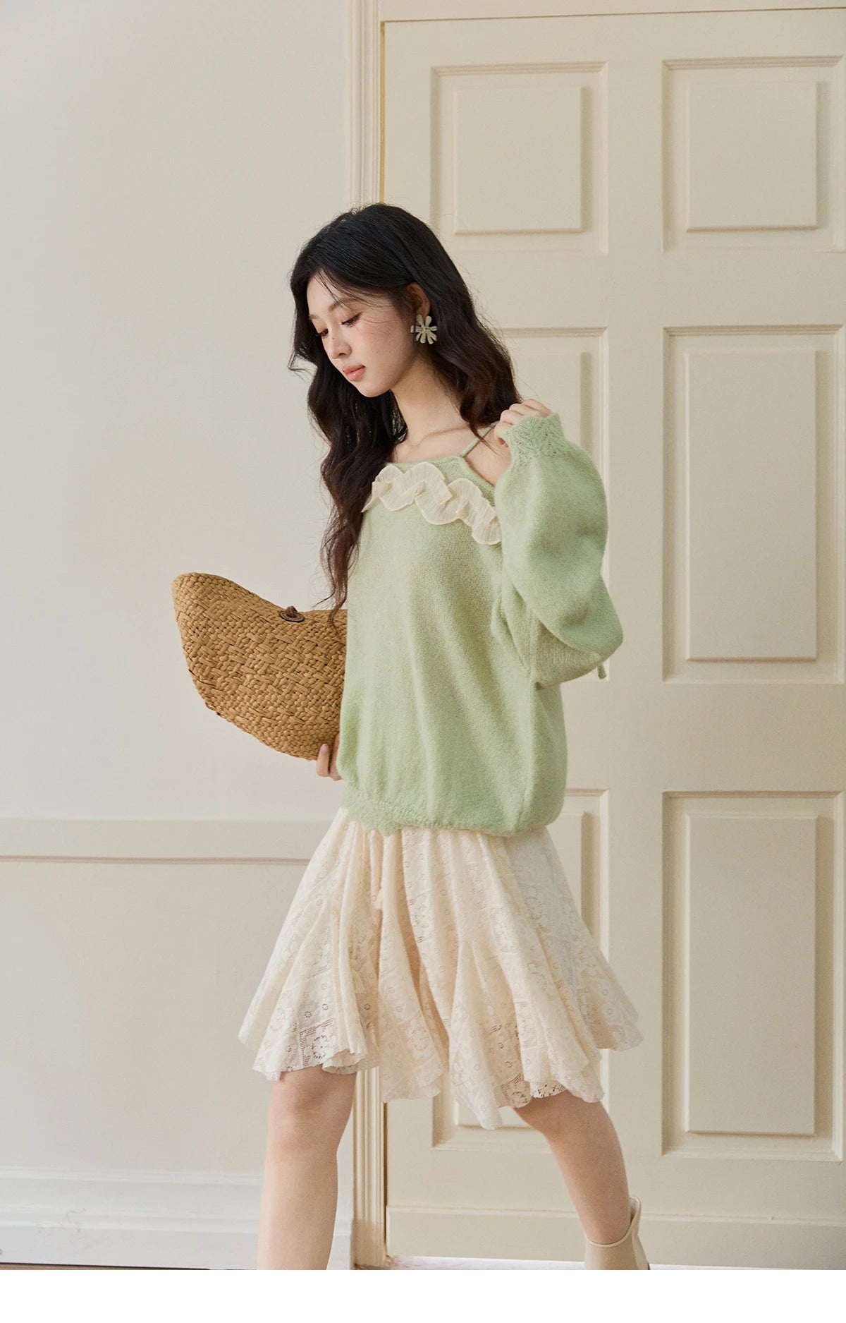 Mishow Light Green Asymmetrical Exposed Shoulder Top MXF108Z1027