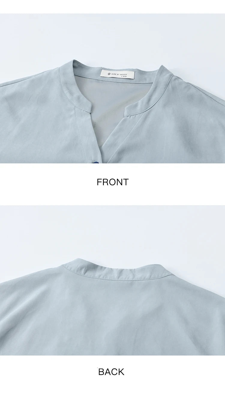 MISHOW Haze Blue Velvet Shirt Contrast Color Waist Sash MXE47X2497