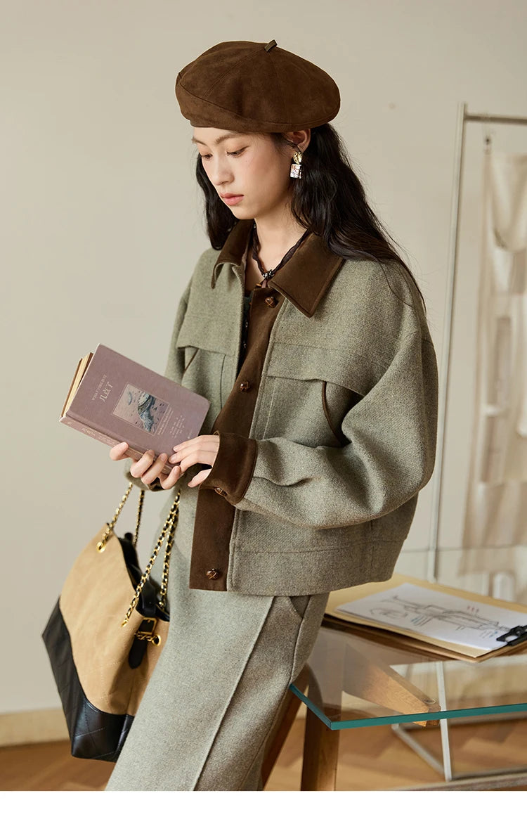 Mishow Contrast Suede Patchwork Wool Coat MXE46W0844