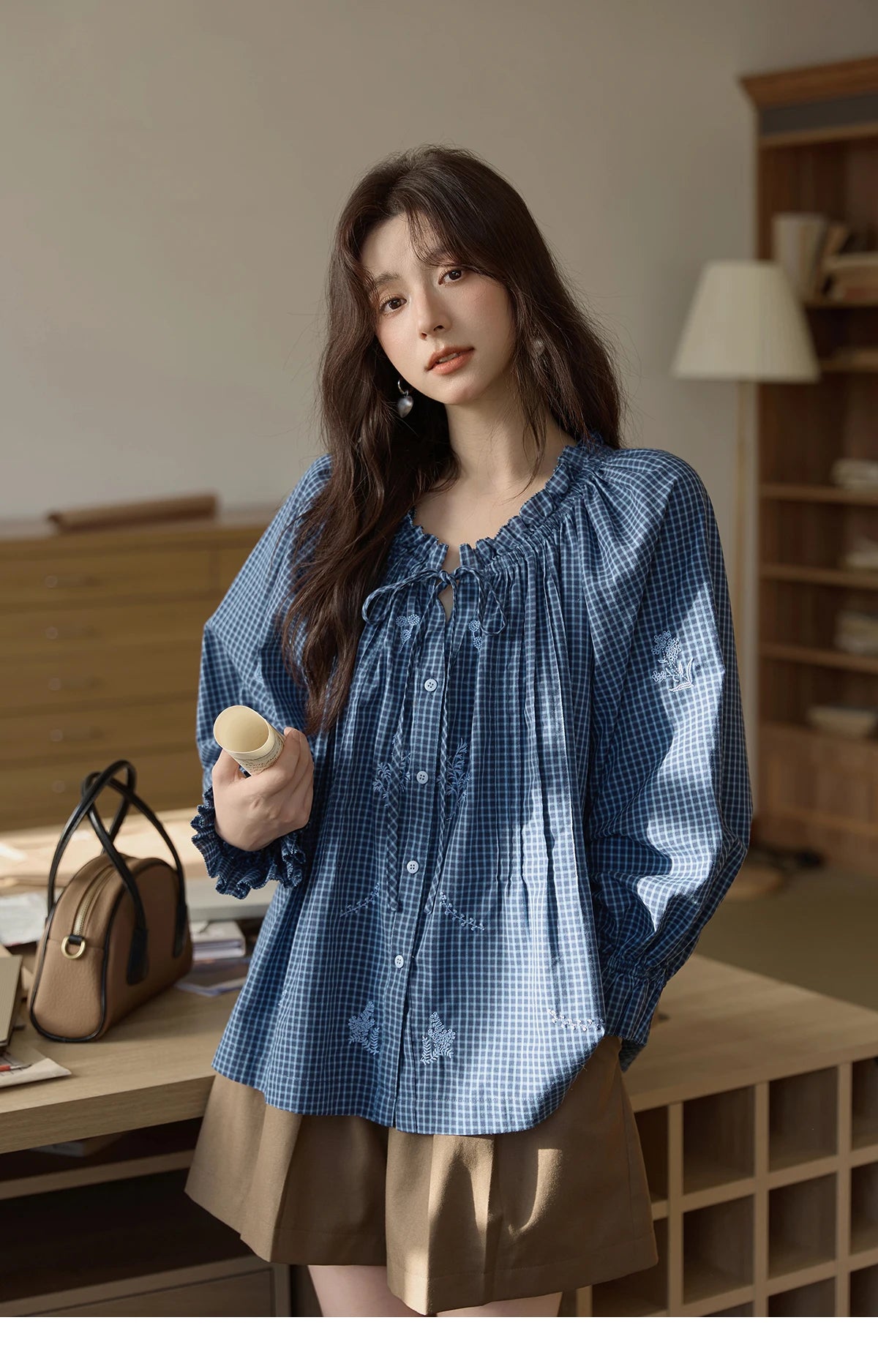MISHOW Blue Plaid Embroidered Shirt Black Fungus Edge Collar MXE44X2467