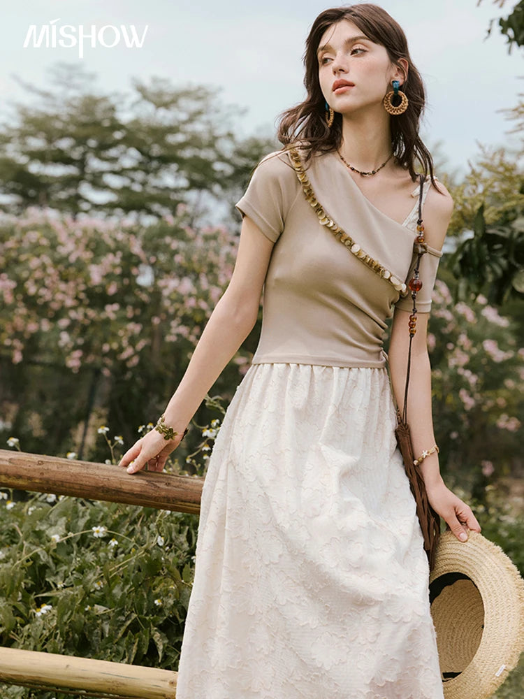 Mishow Off-Shoulder Knitted Patchwork Midi Dress MXE33L2207