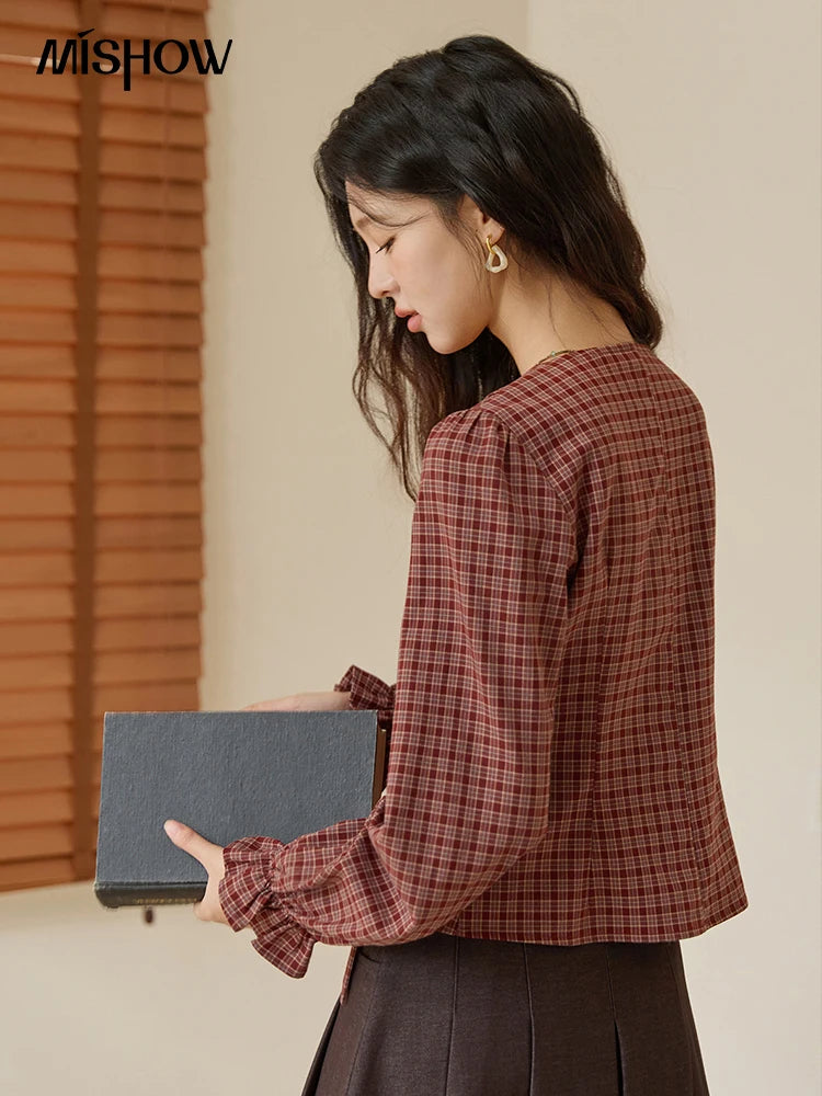 MISHOW Red Tied Plaid Shirt 3D Floral Detail MXE45X2481