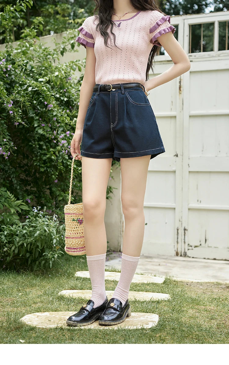 Mishow Embroidered Flower Pocket Wide Leg Denim Shorts MXD26K0707