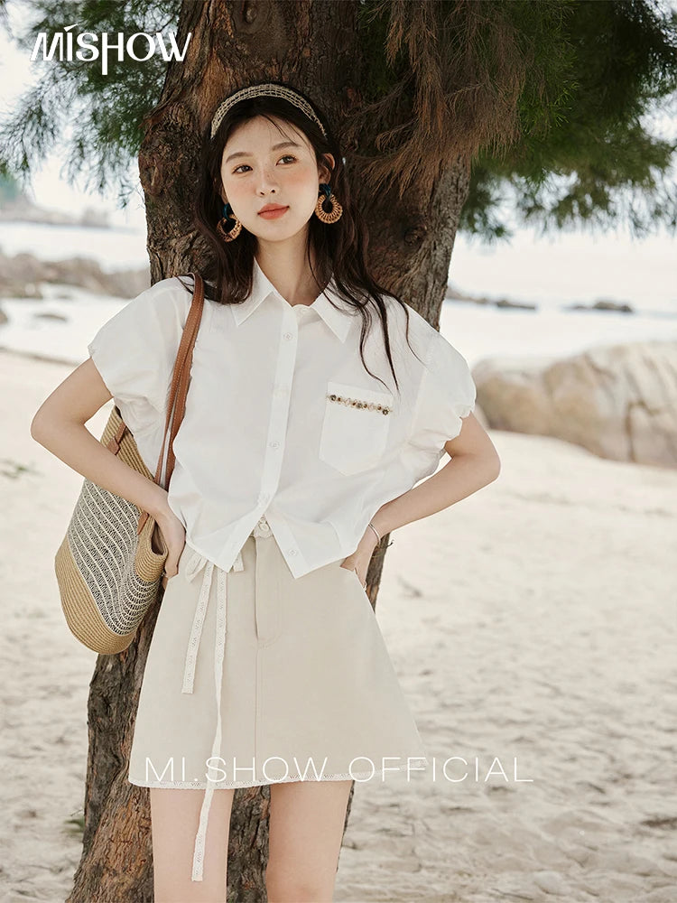 MISHOW Short Puff Sleeve Blouse Turn Down Collar Shell Ribbon MXE33C0773