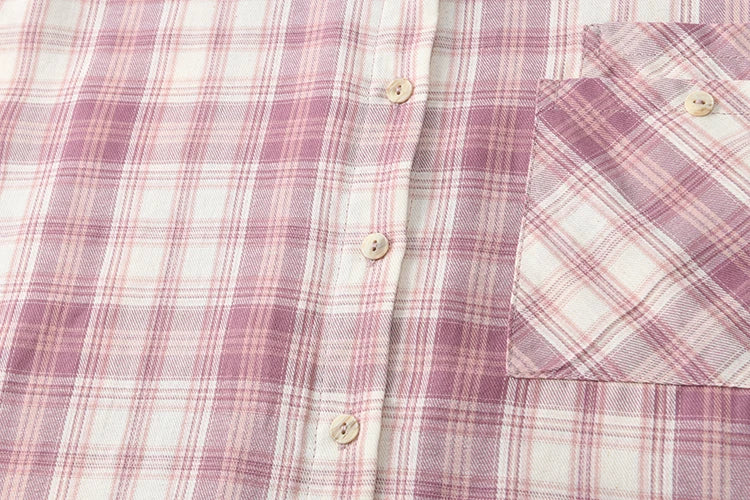 MISHOW Purple Plaid Cotton Shirt Polo Neck Pockets MXE14C0417