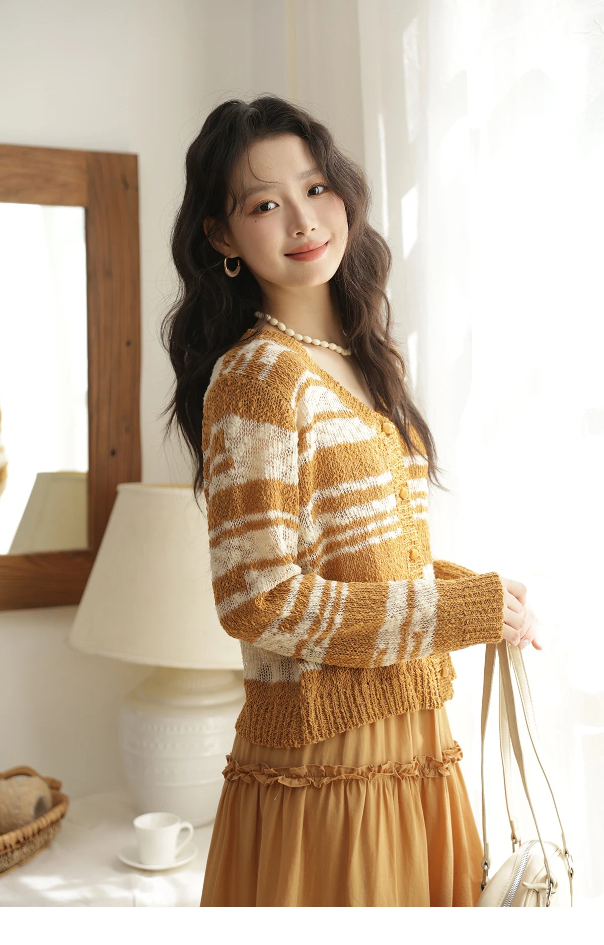 Mishow Retro Yellow Striped V-Neck Cardigan MXE44Z2516