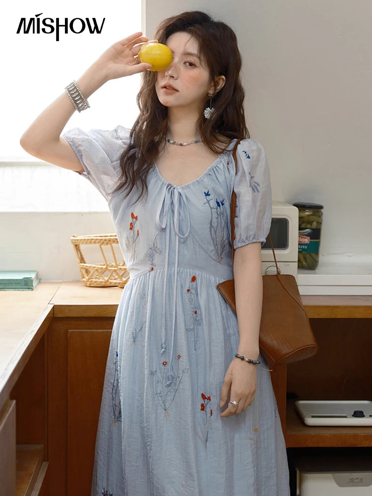 Mishow V-Neck Lace-Up Embroidery Vacation Dress MXE34L2284