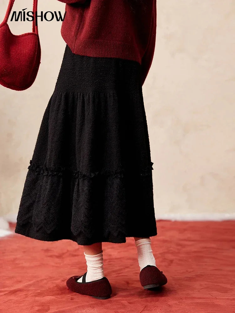 MISHOW Splicing Knitted Skirt Lace Loose Pleated Long MXD59B0632