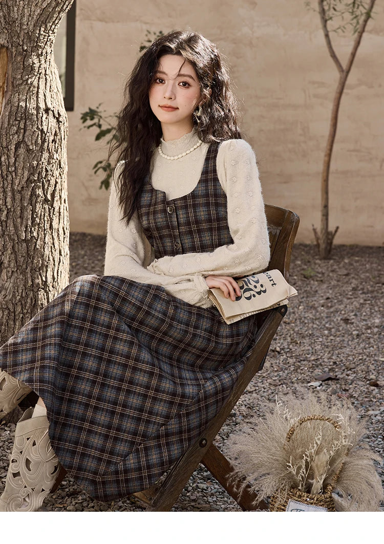 Mishow Blue Plaid Square Collar Vest & Midi Skirt Set MXD44W0454