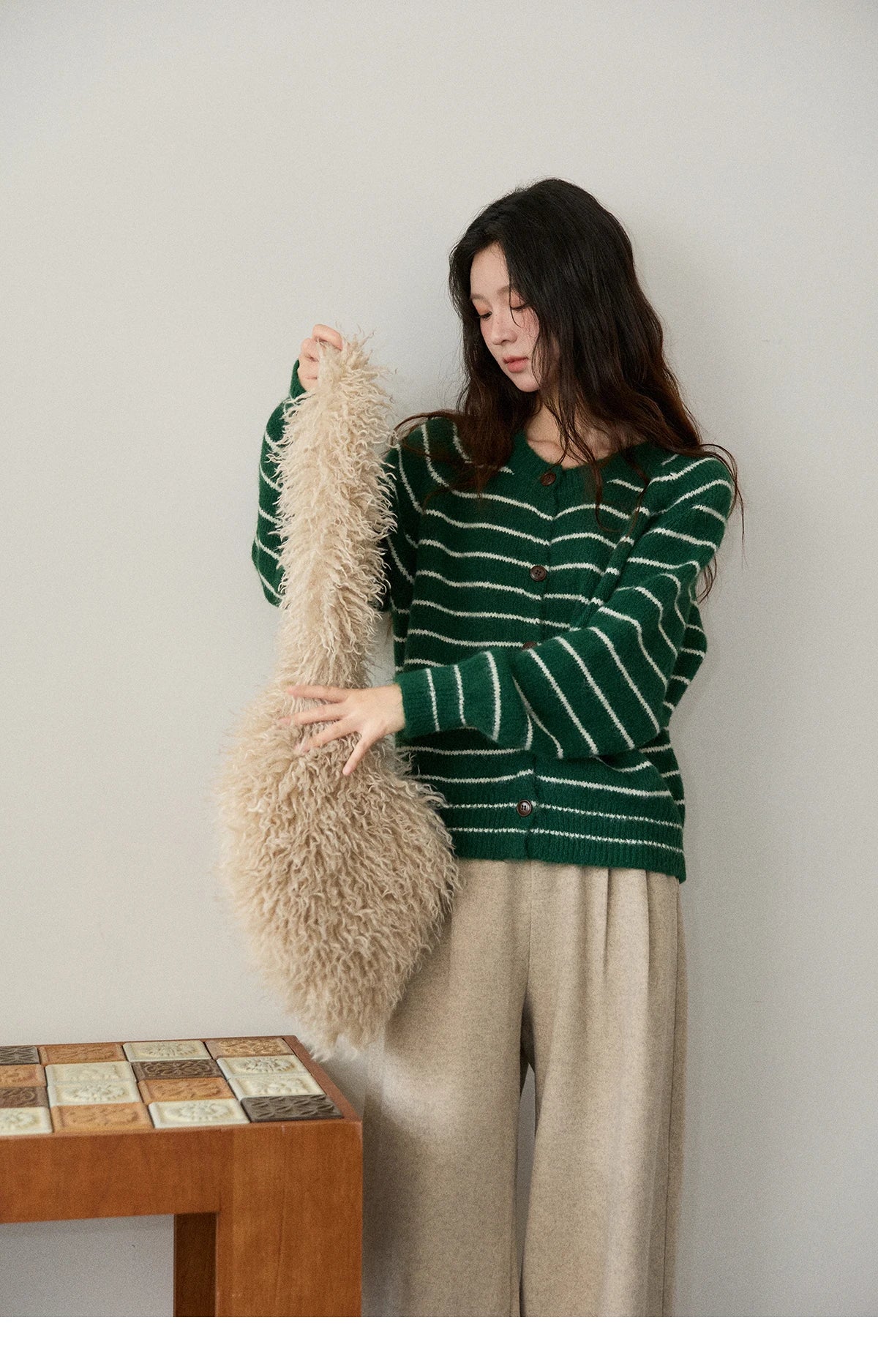 Mishow Green Striped Wool Blend Retro Cardigan MXE86Z2735