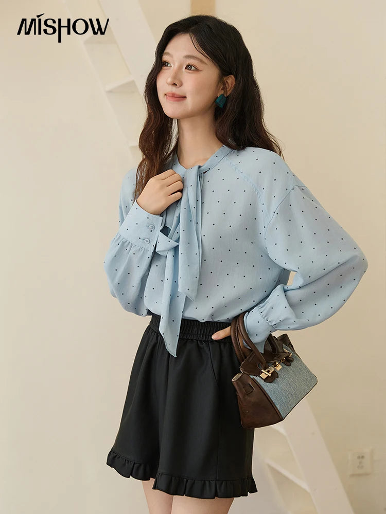 MISHOW Blue Polka Dot Shirt Bow Collar Long Sleeve MXE45X2475