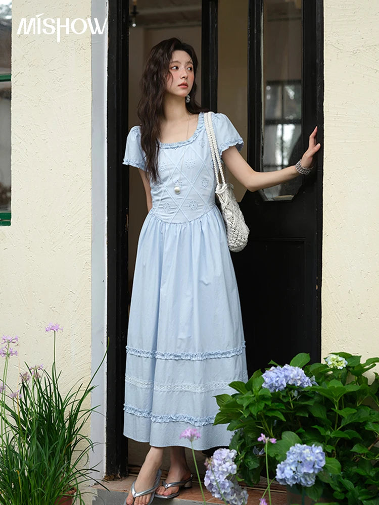 Mishow Blue Lace Mushroom Edge Puff Sleeve Dress MXE38L2348