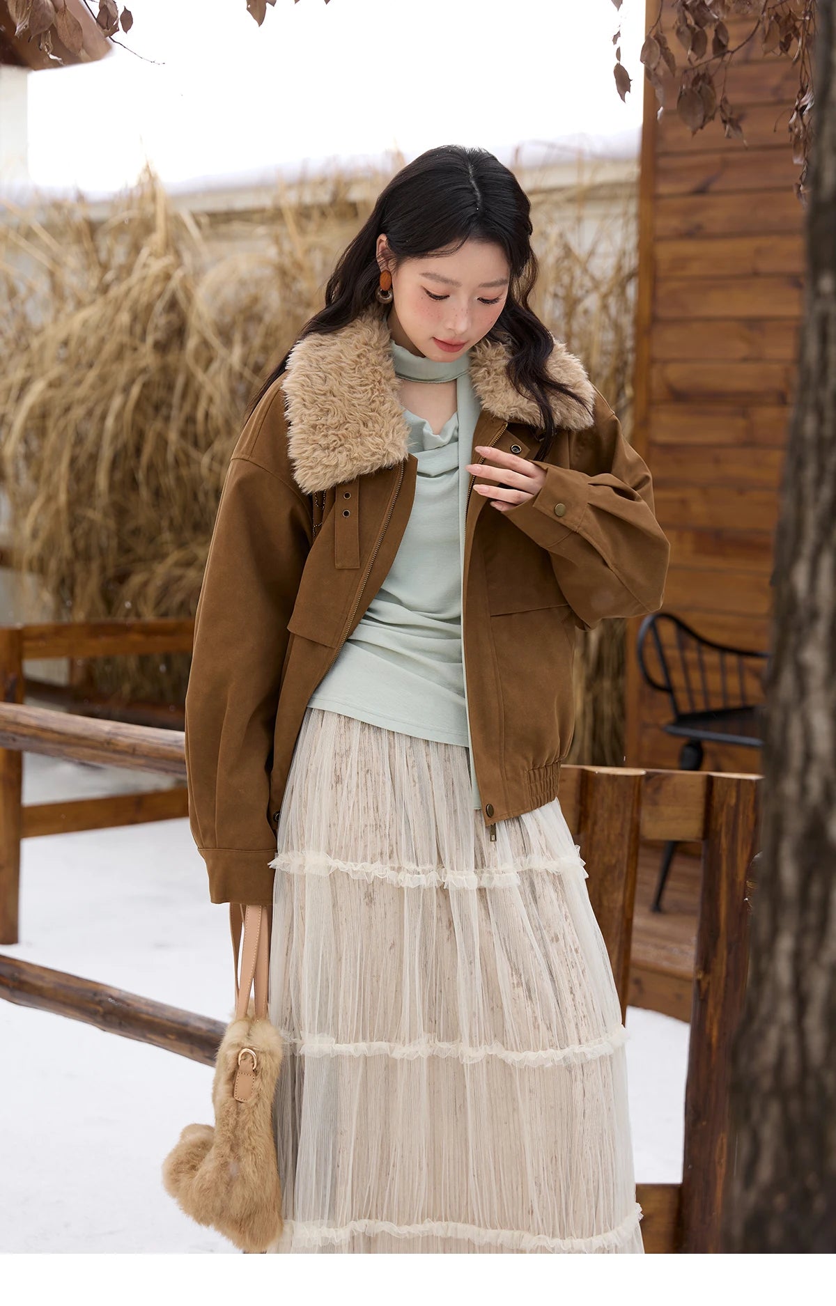 MISHOW Brown Suede Jacket Detachable Fur Collar Zipper MXE51W0876