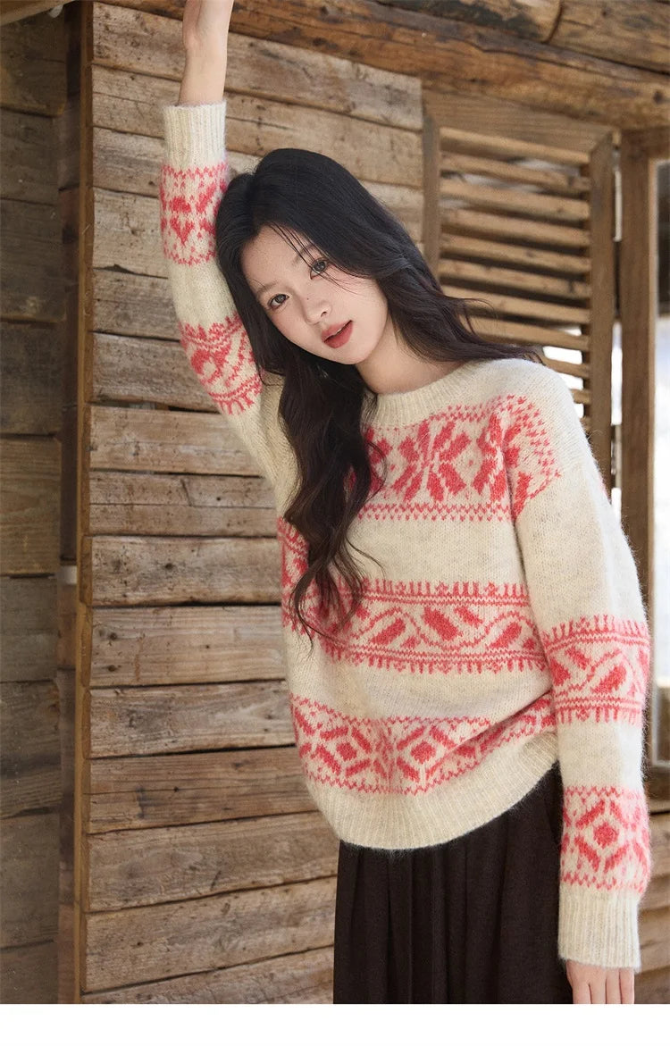 Mishow Christmas Beige White Geometric Jacquard Sweater MXE93Z2938