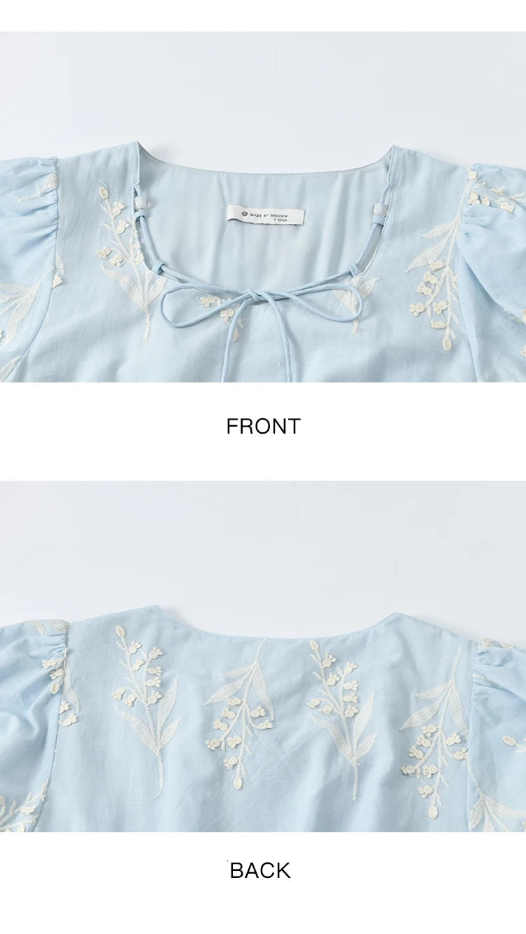 Mishow Blue Square Neck Bubble Sleeve Cotton Dress MXE35L2234