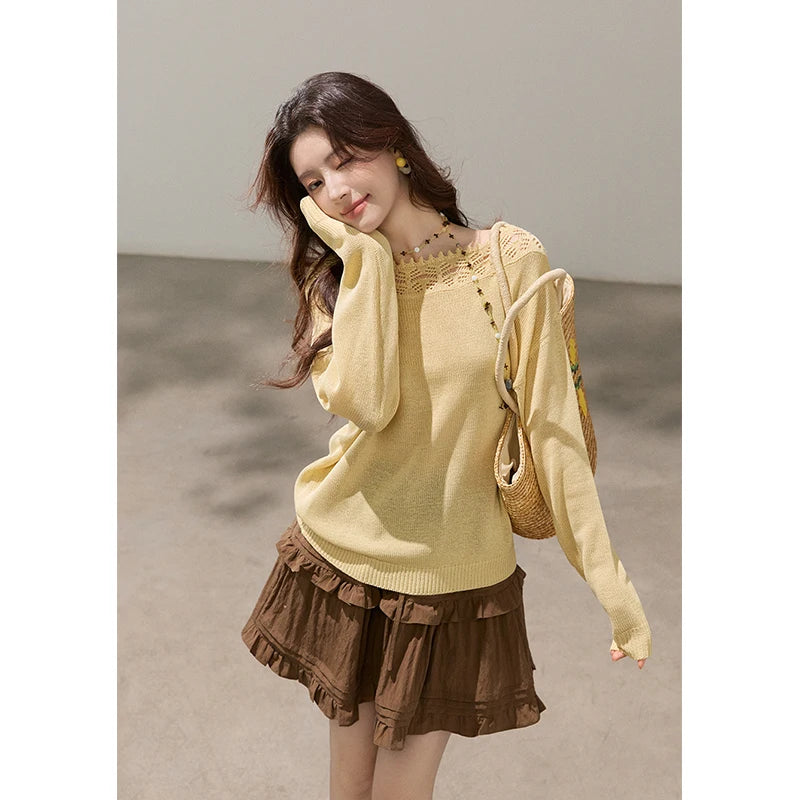 Mishow Yellow Hollow Lace Trim Boat Neck Sweater MXF15Z3050