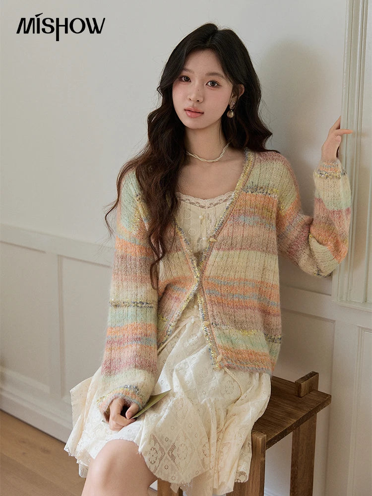Mishow Gradient Striped V-Neck Rainbow Cardigan MXF13Z3019