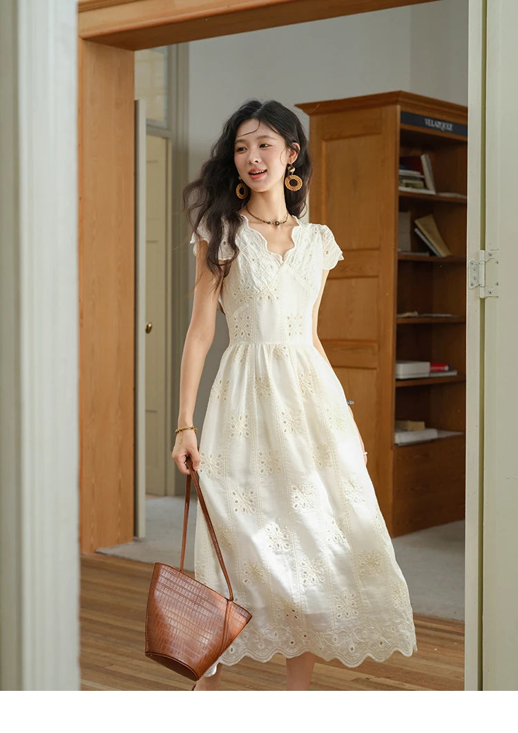 Mishow Flying Sleeve V-Neck Hollow Embroidered Dress MXE39L2404