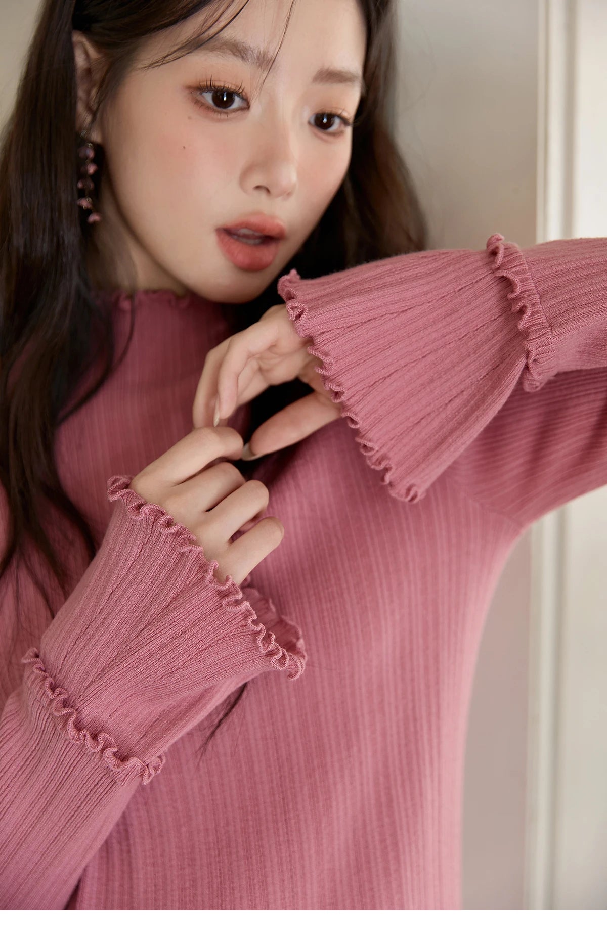 Mishow Turtleneck Wood Ear Trumpet Sleeve Top MXE51Z2552