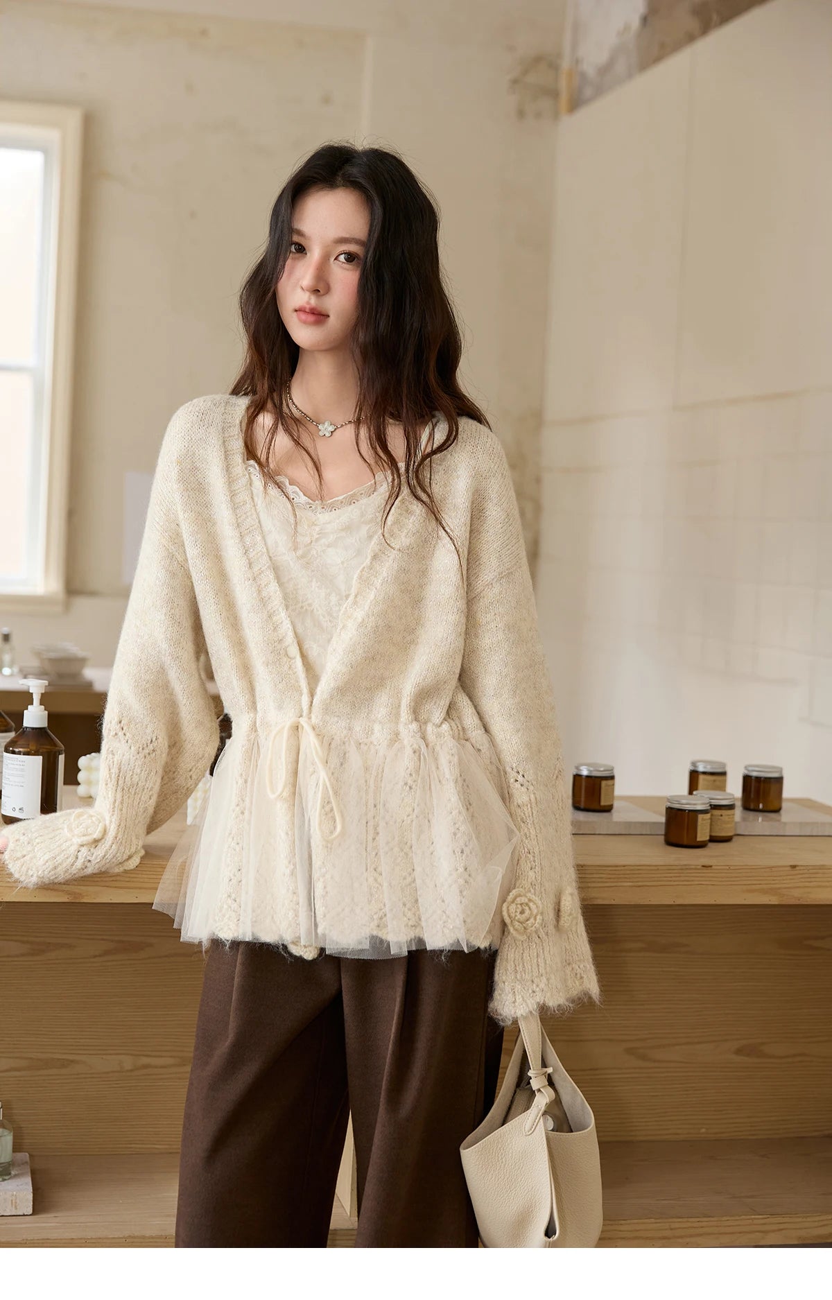 Mishow Apricot Mesh Flower Drawstring Cardigan MXE88Z2707