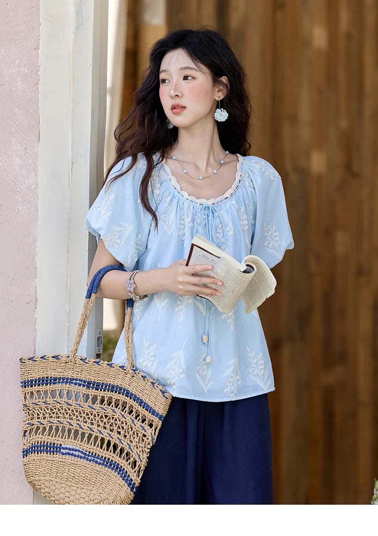 MISHOW Blue Cotton Embroidered Blouse Wave Edged O-Neck MXE35X1791