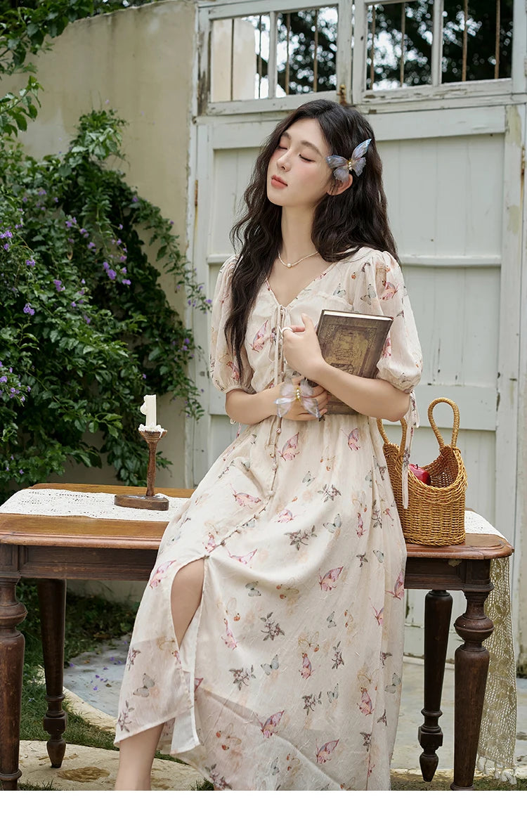 Mishow Butterfly Print V-Neck Lace-Up Bubble Sleeve Dress MXD15L1778