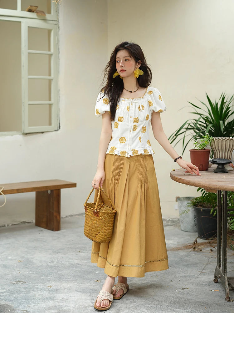 MISHOW Yellow Flower Embroidery Blouse Puff Sleeve Lace Up MXE35X1811
