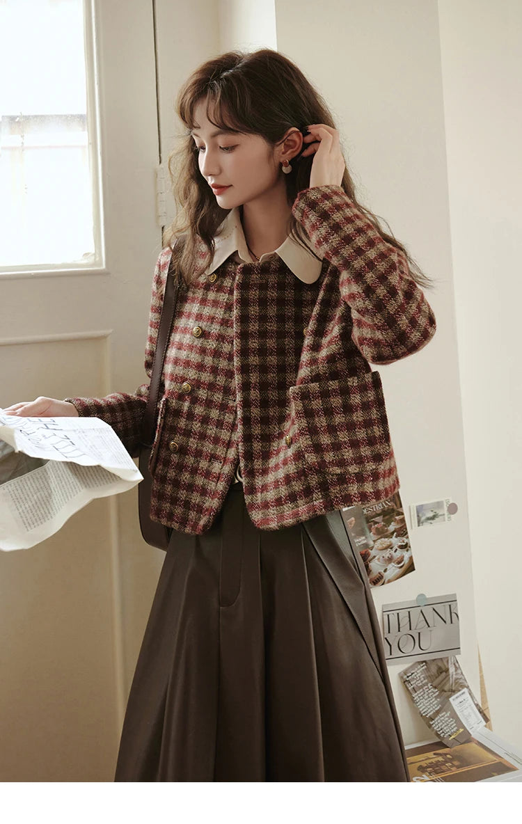 Mishow Vintage French Crop Plaid Woolen Top MXC48W0175