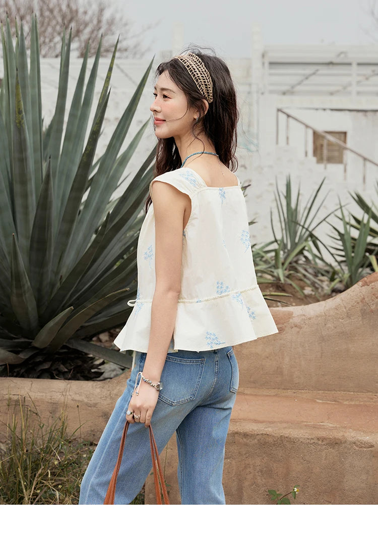 MISHOW Print Sleeveless V-Neck Blouse Blue Flower Cotton MXE32X1777