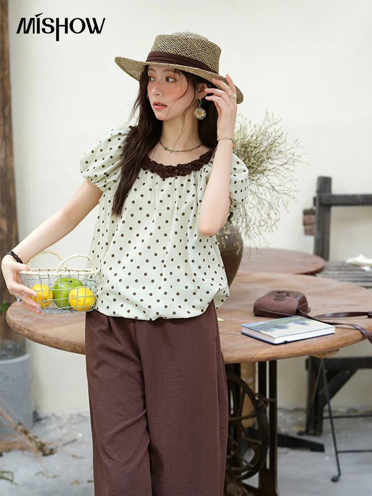 Mishow Polka Dot Puff Sleeve Top & Wide Leg Pants Set MXE39T0657