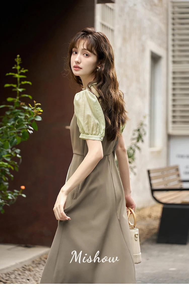 Mishow Chinese Style Puff Sleeve Fake Two-Piece Dress MXC35L1354