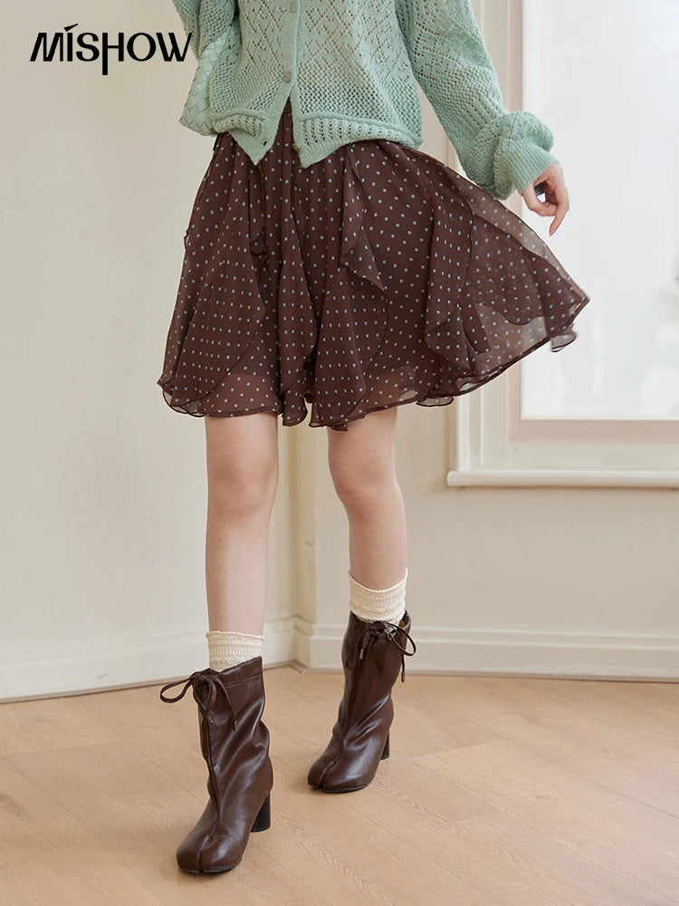 Mishow Brown Polka Dot Ruffled Chiffon Mini Skirt MXF13B2476