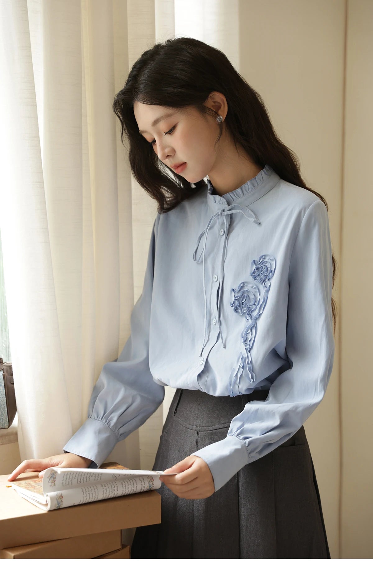 MISHOW Coiled Flowers Embroidered Blue Shirt MXE44C2398