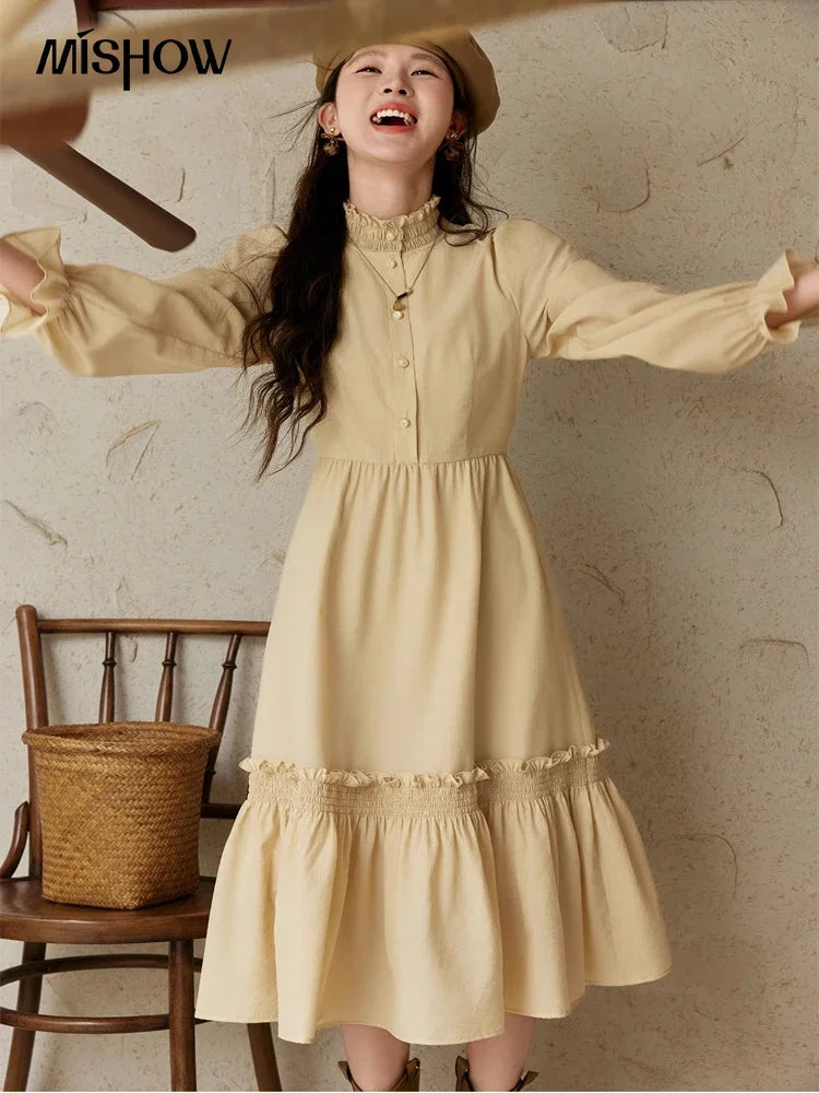 Mishow French Stand Neck Lotus Leaf Sleeve Dress MPD42L2036