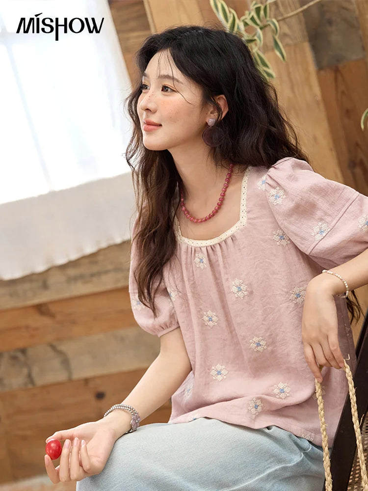 MISHOW Pink Embroidered Linen Blouse Square Collar Lace Patchwork MXE35X1834