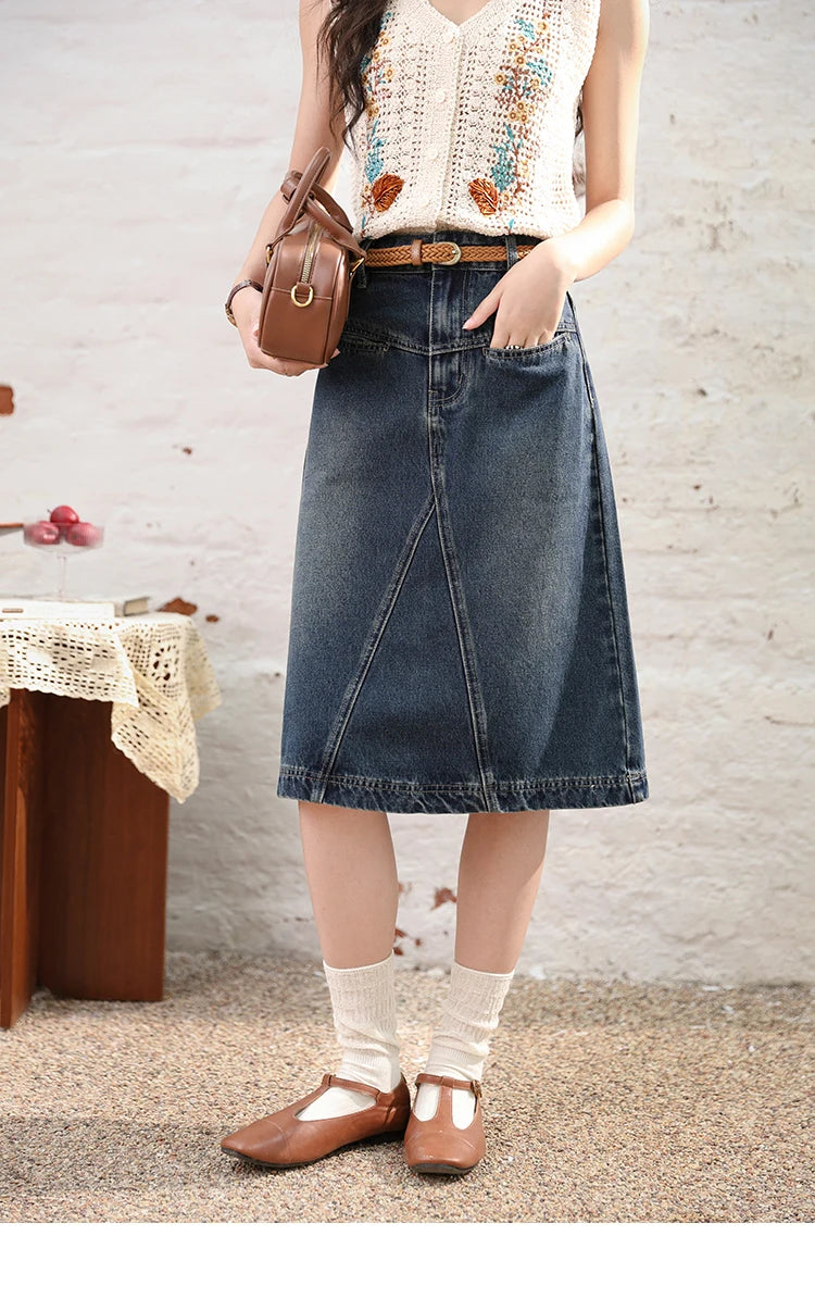 MISHOW Denim Fishtail Skirt Love Embroidered Pockets A-Line MXD28B0414